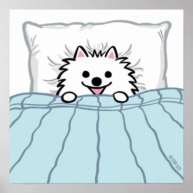 Cute White Pomeranian Dog Tucked in Bed  Poster (Front)