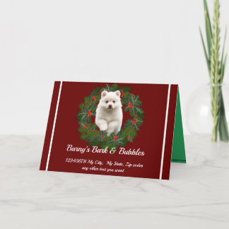 Cute White Pomeranian Dog wreath Holiday Card