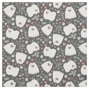 Cute White Pomeranian Dogs Pattern with Hearts Fabric