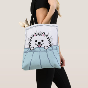 Cute White Pomeranian Tucked in Bed Tote Bag
