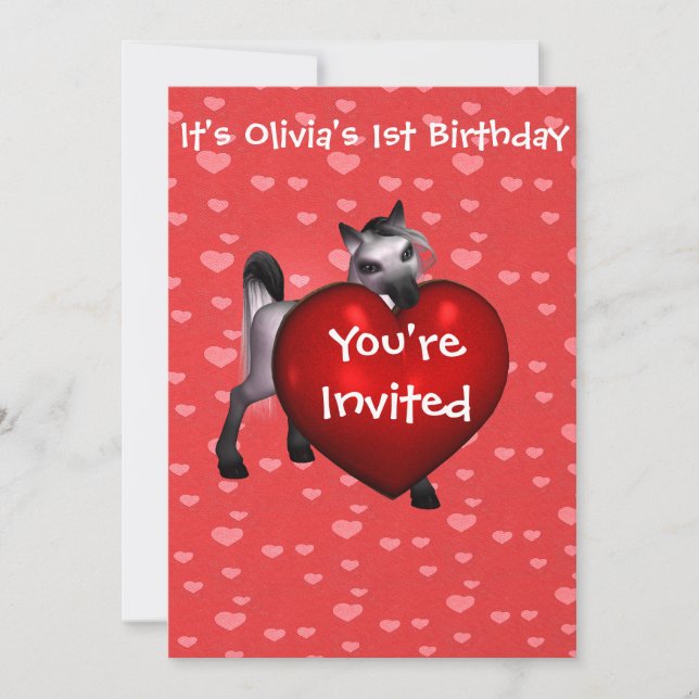 Cute White Pony with Red Heart Invitation (Front)
