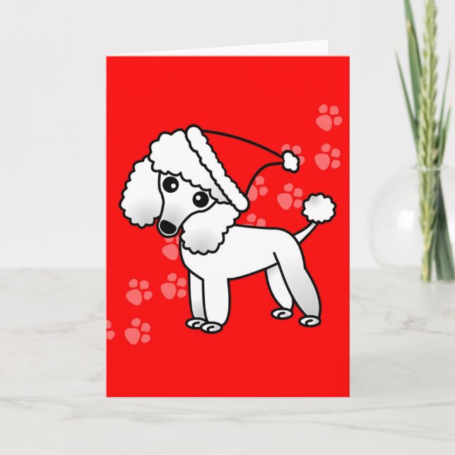 Cute White Poodle Cartoon Santa Hat Holiday Card (Front)