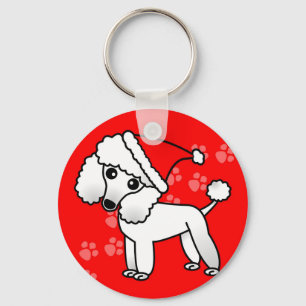 Cute White Poodle Cartoon Santa Hat Key Ring