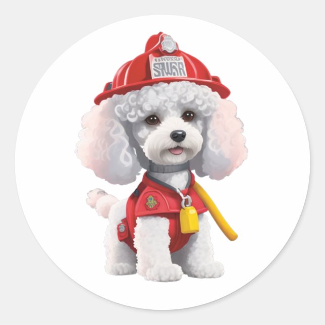  Cute White Poodle Firefighter Sticker (Front)
