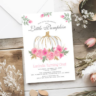 Cute White Pumpkin Floral 1st Birthday Invitation