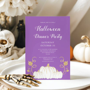 Cute White Pumpkin Purple Halloween Dinner Party Invitation