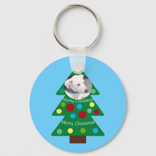Cute White Puppy Dog Colourful Christmas Tree Blue Key Ring