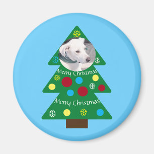 Cute White Puppy Dog Colourful Christmas Tree Blue Magnet