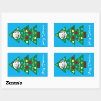Cute White Puppy Dog Colourful Christmas Tree Blue Rectangular Sticker