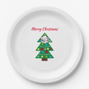 Cute White Puppy Dog Colourful Christmas Tree Paper Plate