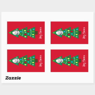Cute White Puppy Dog Colourful Christmas Tree Red Rectangular Sticker