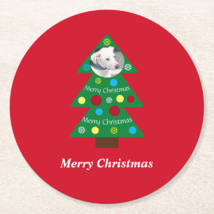 Cute White Puppy Dog Colourful Christmas Tree Red Round Paper Coaster