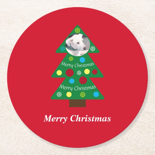 Cute White Puppy Dog Colourful Christmas Tree Red Round Paper Coaster (Front)