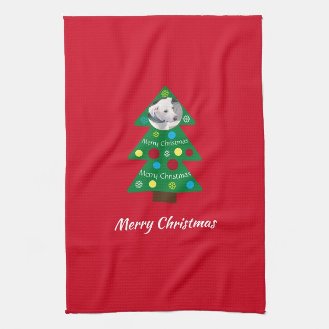 Cute White Puppy Dog Colourful Christmas Tree Red Tea Towel (Vertical)