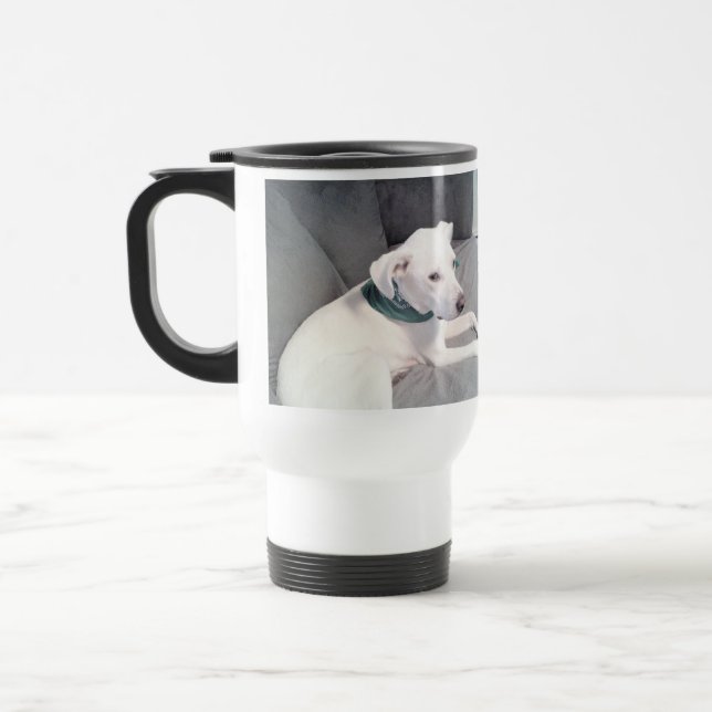 Cute White Puppy Dog Wearing Green Scarf Grey Travel Mug (Left)