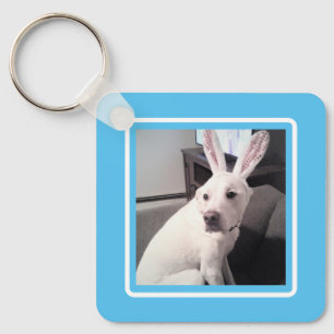 Cute White Puppy Dog With Easter Bunny Ears Blue Key Ring