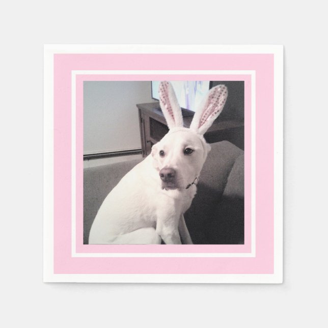 Cute White Puppy Dog With Easter Bunny Ears Pink Napkin (Front)