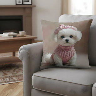 Cute White Puppy in Pink Sweater & Hat Cushion