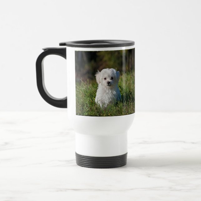 Cute white puppy travel mug (Left)