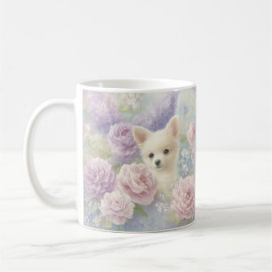 cute white puppy with flowers coffee mug