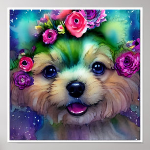 Cute White Puppy with Flowers in Its Head Poster
