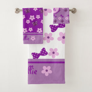 Cute White Purple Pink Floral Butterfly Bow Kid's Bath Towel Set