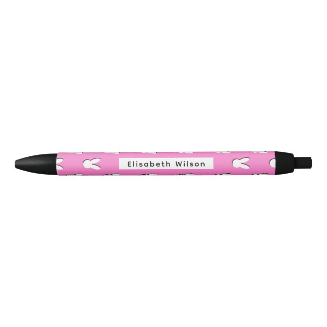 Cute White Rabbit Heads Script Name Monogram Black Ink Pen (Front)