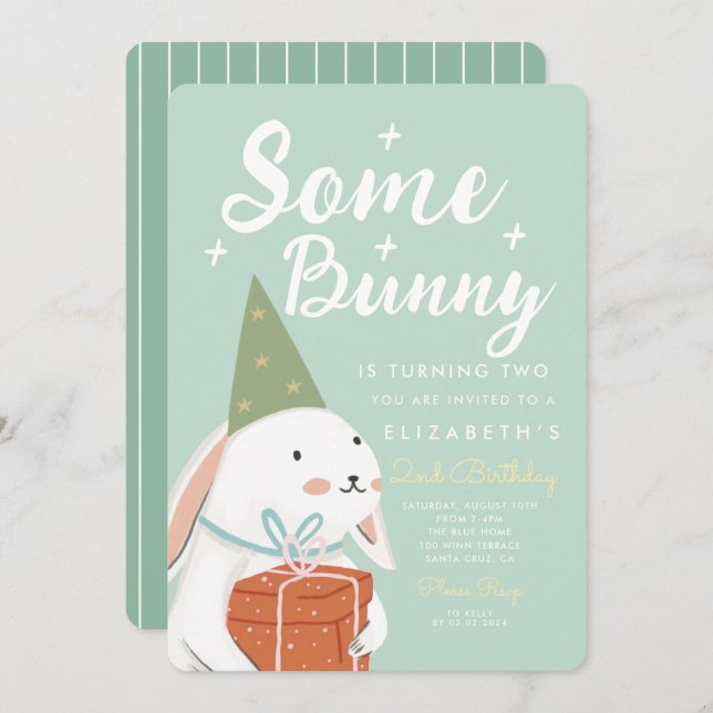 Cute White Rabbit Some Bunny is turning 2 Bday  Invitation (Front/Back)