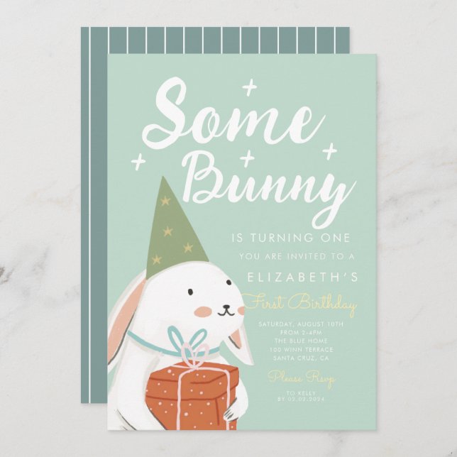 Cute White Rabbit Some Bunny is turning One Bday Invitation (Front/Back)