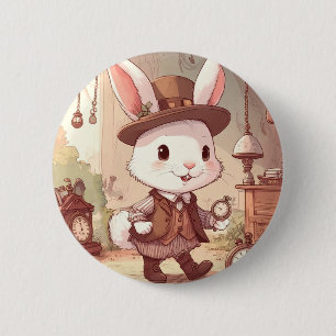 Cute White Rabbit Wonderland Whimsical Timekeeper 6 Cm Round Badge
