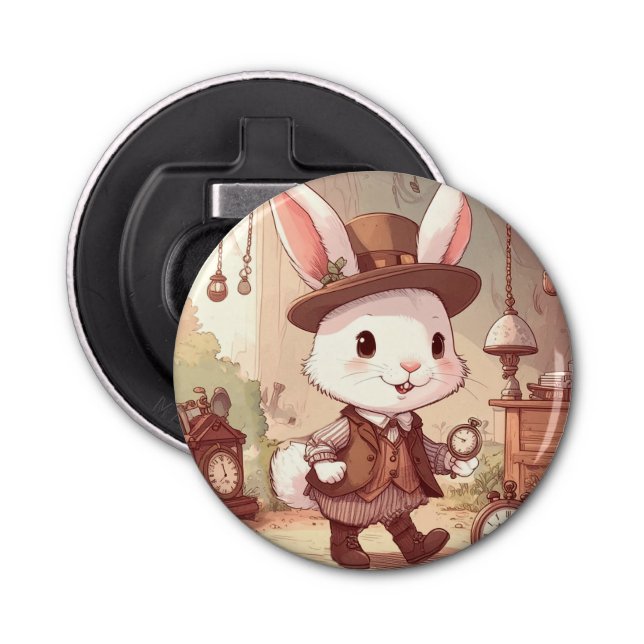 Cute White Rabbit Wonderland Whimsical Timekeeper Bottle Opener (Front)