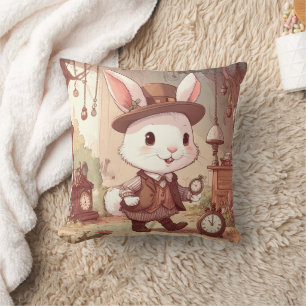 Cute White Rabbit Wonderland Whimsical Timekeeper Cushion