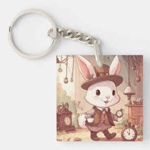 Cute White Rabbit Wonderland Whimsical Timekeeper Key Ring