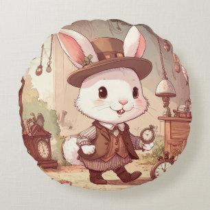 Cute White Rabbit Wonderland Whimsical Timekeeper Round Cushion