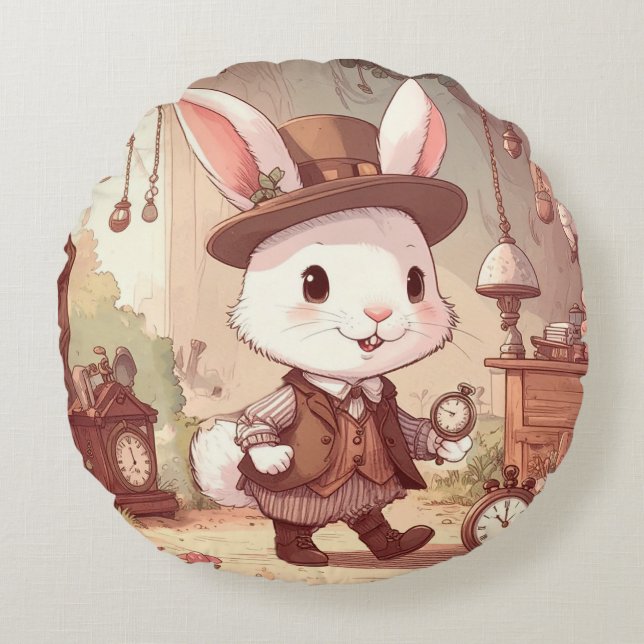 Cute White Rabbit Wonderland Whimsical Timekeeper Round Cushion (Front)