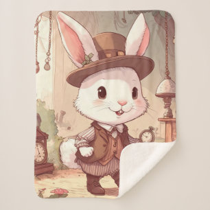 Cute White Rabbit Wonderland Whimsical Timekeeper Sherpa Blanket