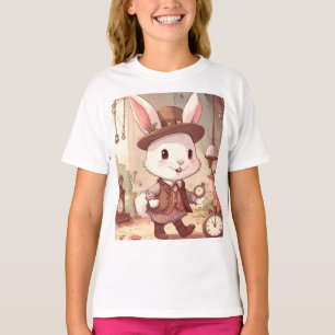 Cute White Rabbit Wonderland Whimsical Timekeeper T-Shirt