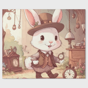 Cute White Rabbit Wonderland Whimsical Timekeeper Wrapping Paper