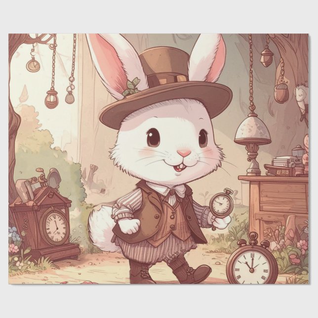 Cute White Rabbit Wonderland Whimsical Timekeeper Wrapping Paper (Flat)