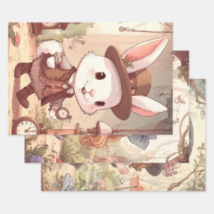 Cute White Rabbit Wonderland Whimsical Timekeeper Wrapping Paper Sheet