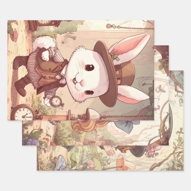 Cute White Rabbit Wonderland Whimsical Timekeeper Wrapping Paper Sheet (Set)