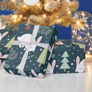 Cute White Rabbit Woodland Themed Christmas Wrapping Paper