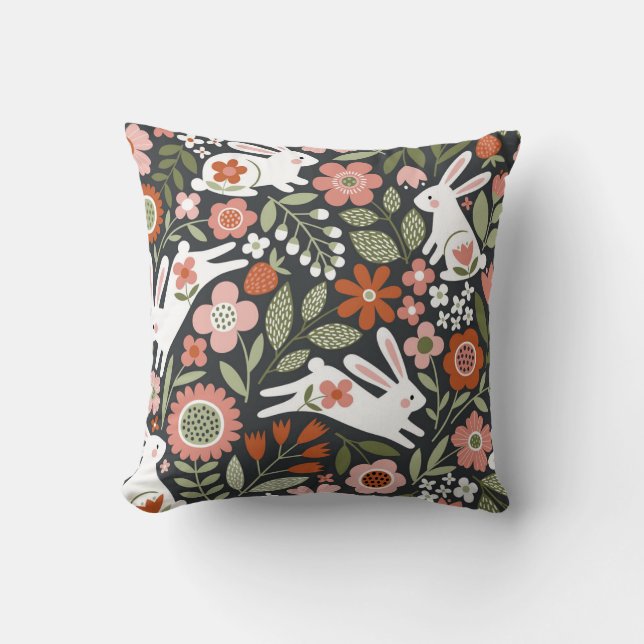 Cute white rabbits, floral vintage pattern. cushion (Front)
