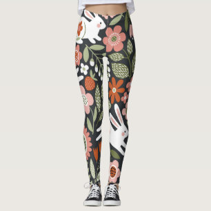 Cute white rabbits, floral vintage pattern. leggings