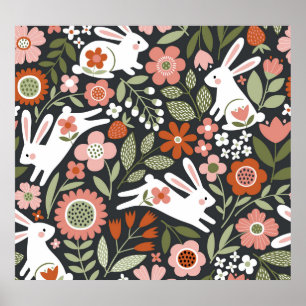 Cute white rabbits, floral vintage pattern. poster