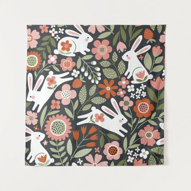 Cute white rabbits, floral vintage pattern. tapestry (Front)