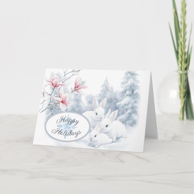 Cute White Rabbits in Snow Winter Holiday Card (Front)