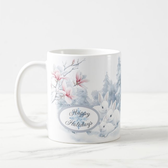 Cute White Rabbits in Snow Winter Holiday Coffee Mug (Left)