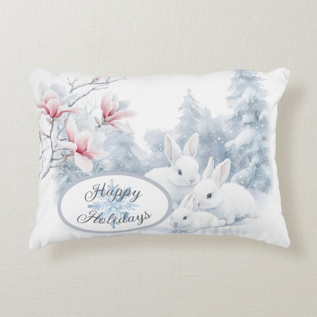 Cute White Rabbits in Snow Winter Holiday Decorative Cushion (Front)