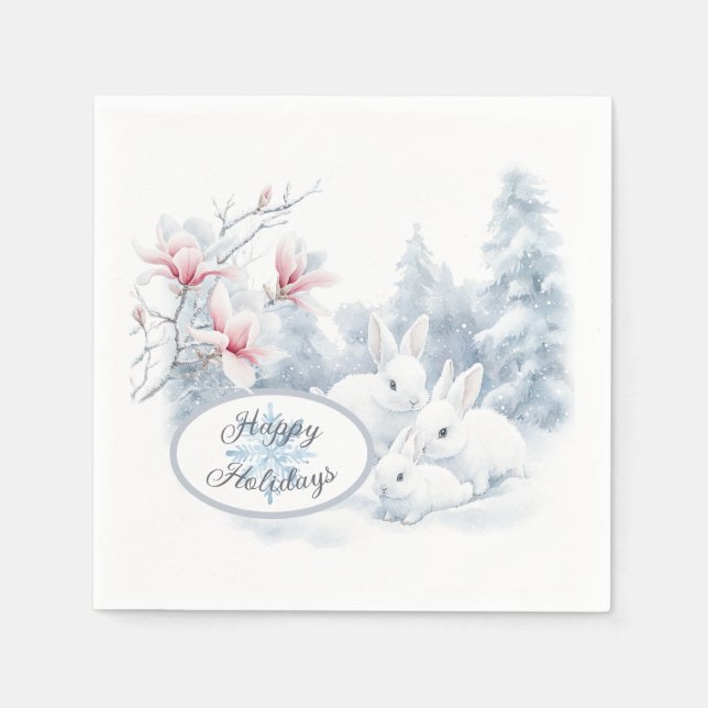 Cute White Rabbits in Snow Winter Holiday Napkin (Front)